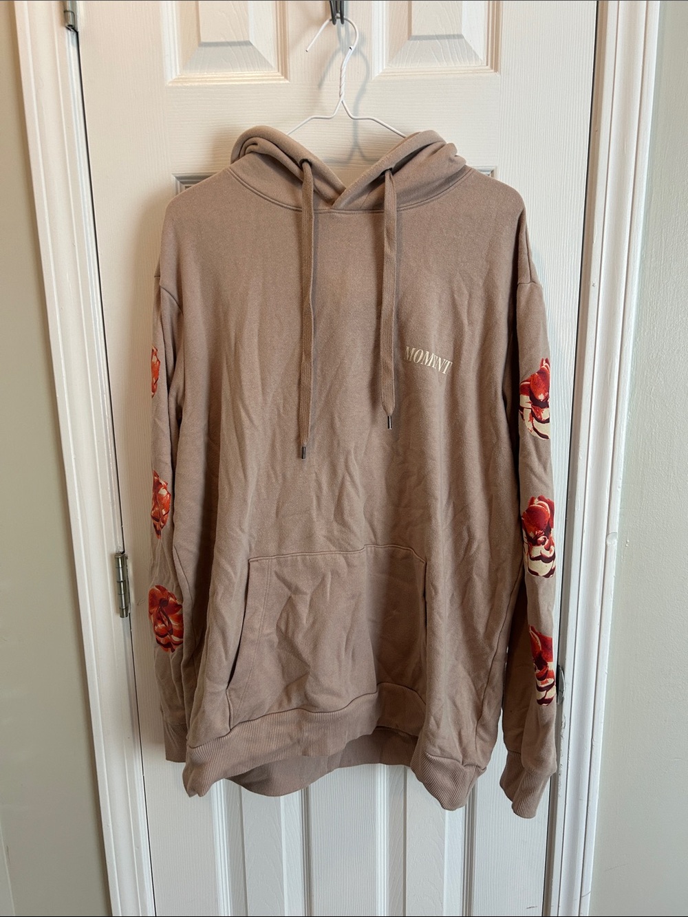 No Boundaries Taupe Crewneck Hoodie with Red Floral Sleeves